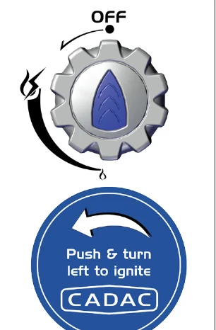 CADAC Carri Chef 50 manual diagram showing push and turn left to ignite