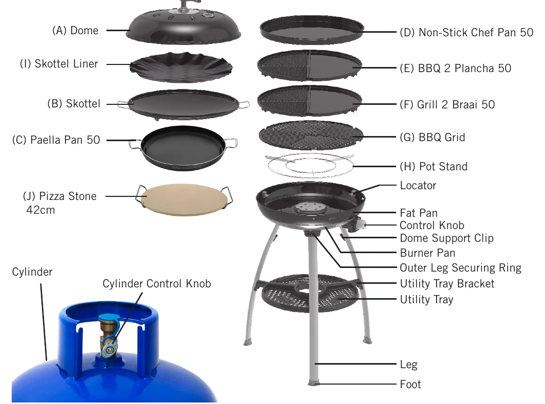 CADAC Carri Chef 50 exploded diagram of parts and cooking surfaces from the manual