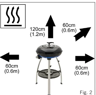CADAC Carri Chef 50 manual diagram for safe distances of 1.2 m above and 60 cm around