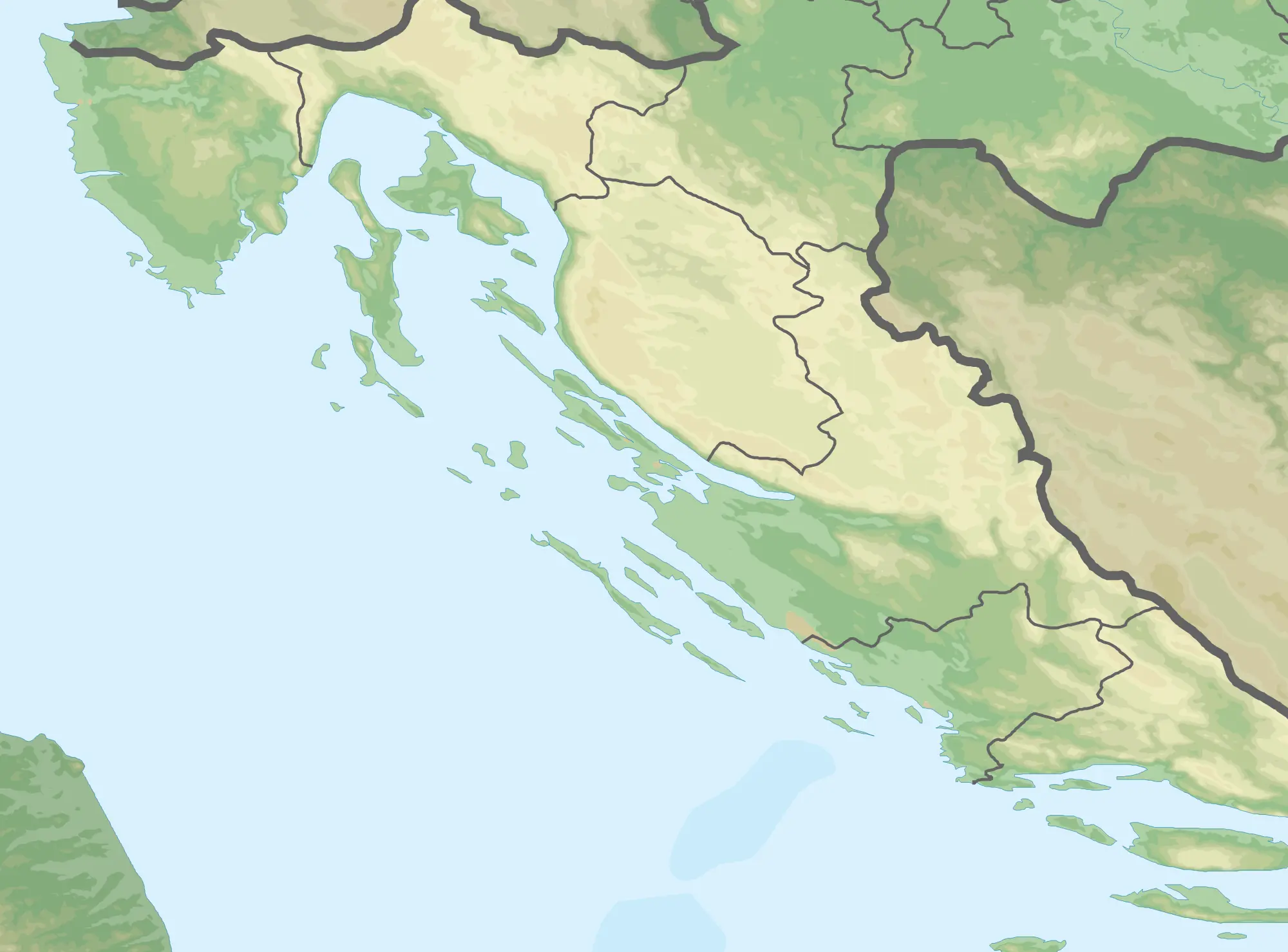Map of northern and central Croatia showing a camper route with four campsite bases in Istria, on the island of Krk, near Zadar and near Kastela, with the day trips to Pula, the Plitvice Lakes, Krka and the island of Brac