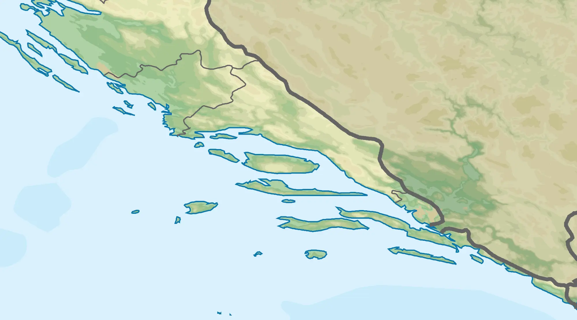 Map of the Dalmatian coast of Croatia showing a 14-day route from Zadar via Split and the Makarska riviera to Dubrovnik, with a day trip to Krka and Sibenik and a separate boat day trip from Split to Hvar or Brac