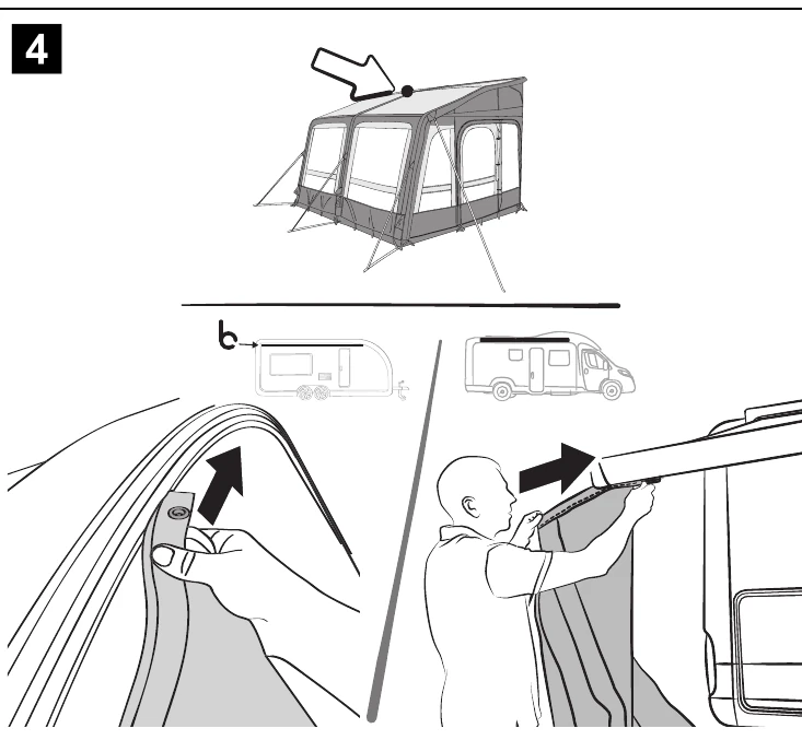 Dometic manual step 4: threading the awning keder cord into the awning rail of a caravan and a