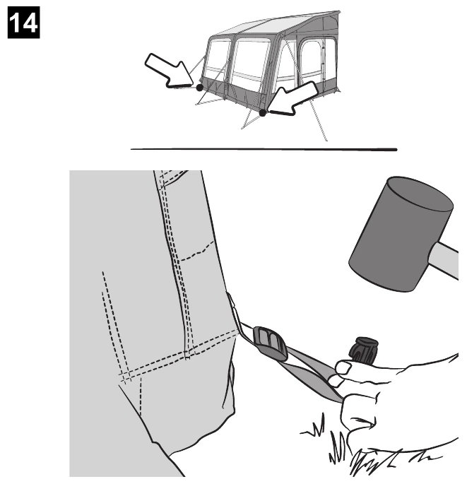 Dometic manual step 14: adjusting a base tension strap and pegging it down with a mallet