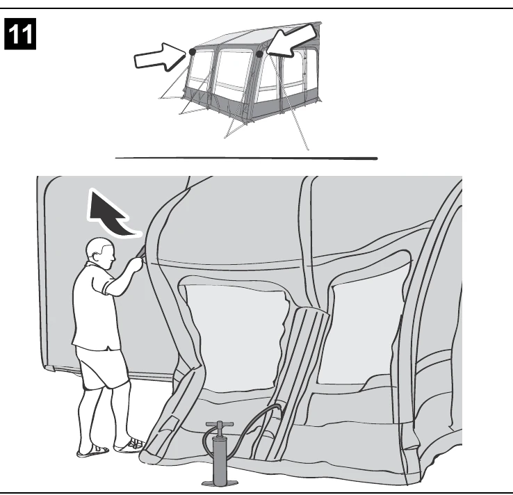 Dometic manual step 11: a person pushing the inflated AIR frame upright while the hand pump lies on