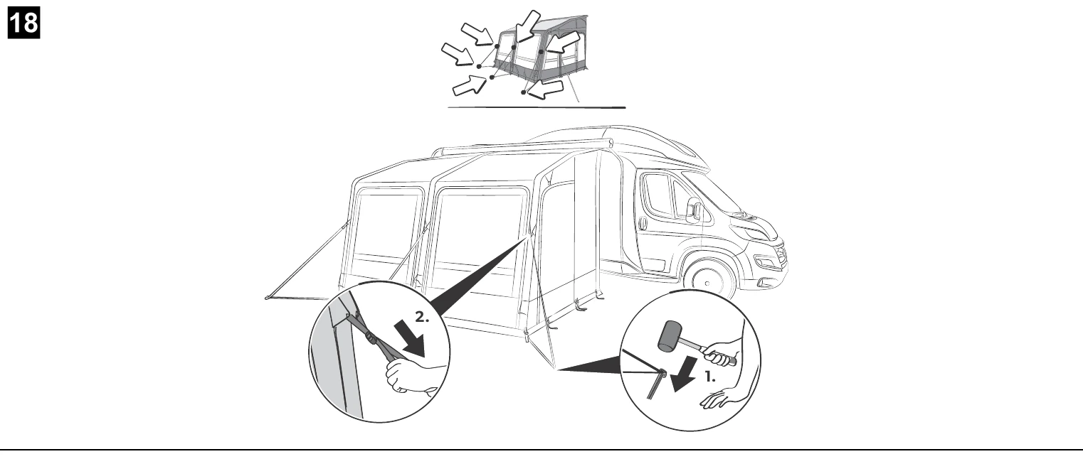 Dometic manual step 18: overview of an inflatable awning attached to a motorhome with tensioners