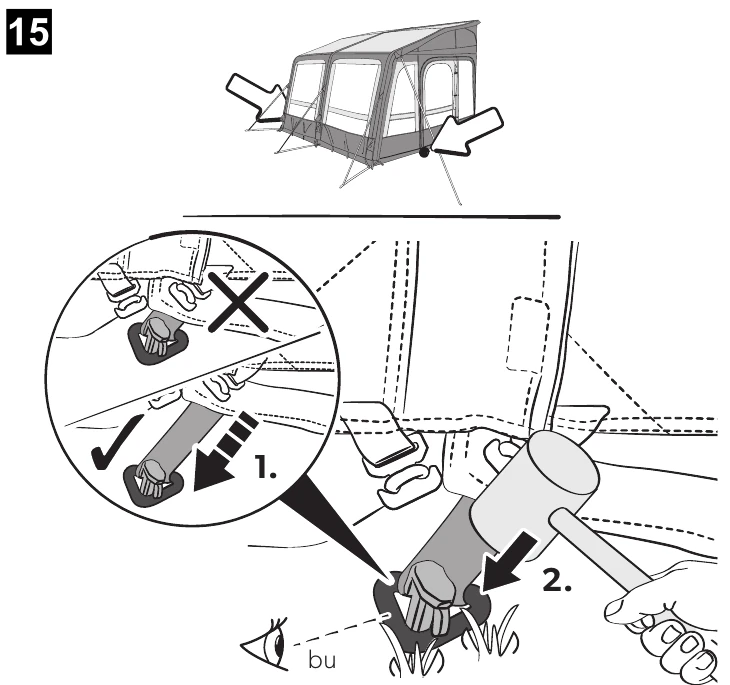 Dometic manual step 15: pegging technique showing the correct peg angle with a wrong versus right