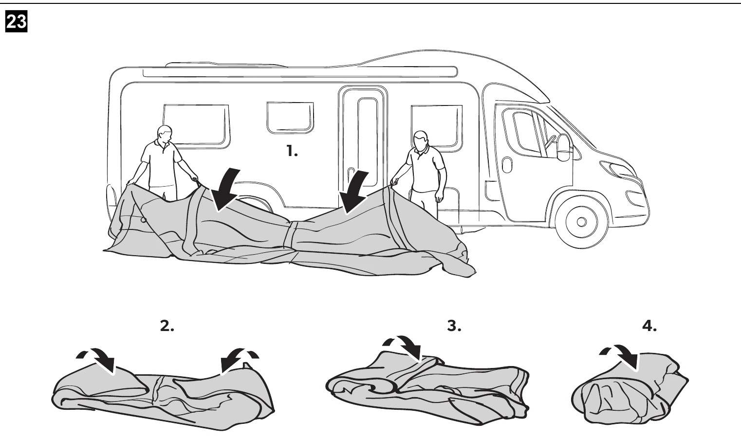 Dometic manual step 23: deflating and folding the awning down beside a motorhome in four steps