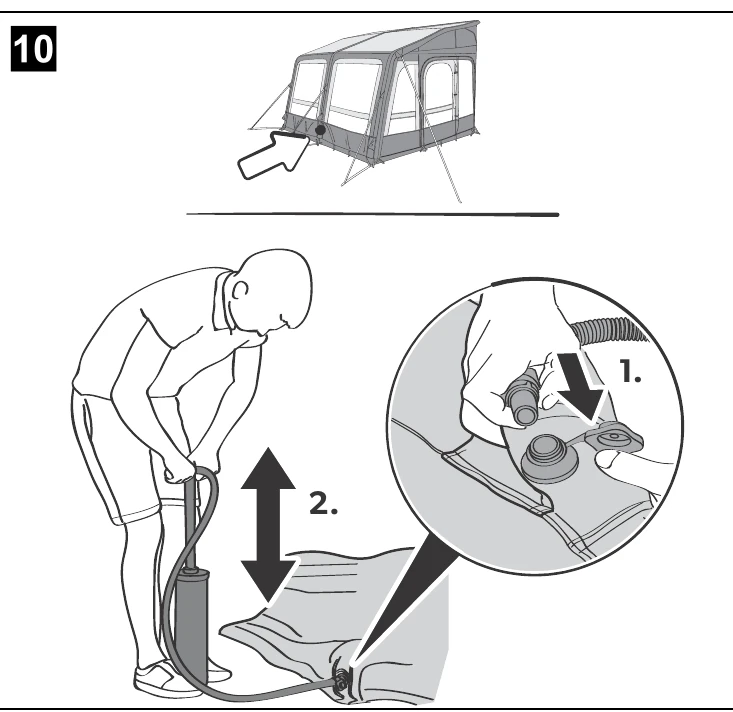 Dometic manual step 10: inflating the awning with a hand pump through the single inflation point