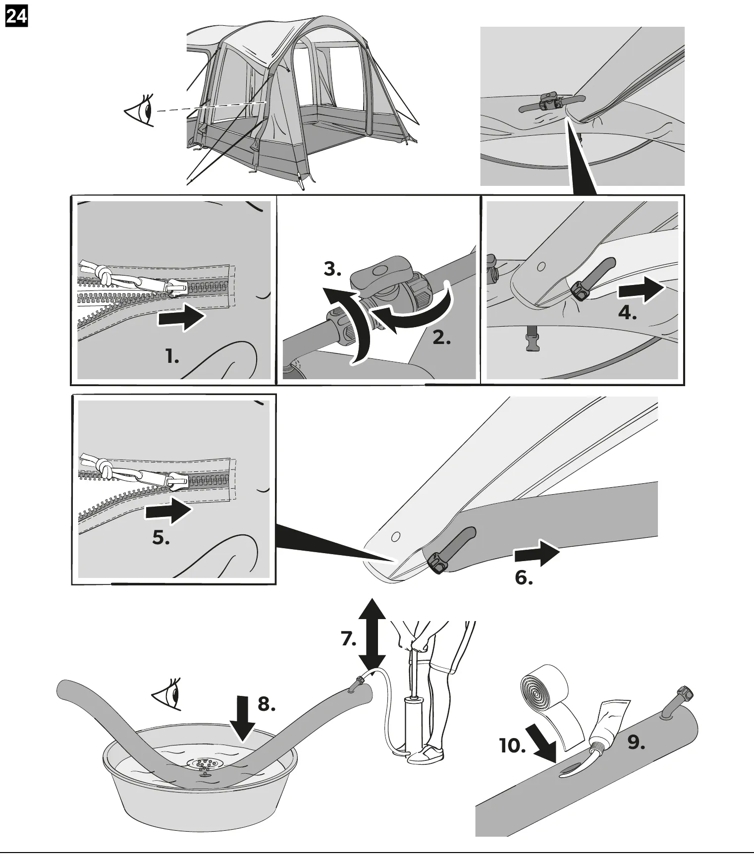 Dometic manual step 24: repairing an air pole in ten steps, including unzipping the sleeve