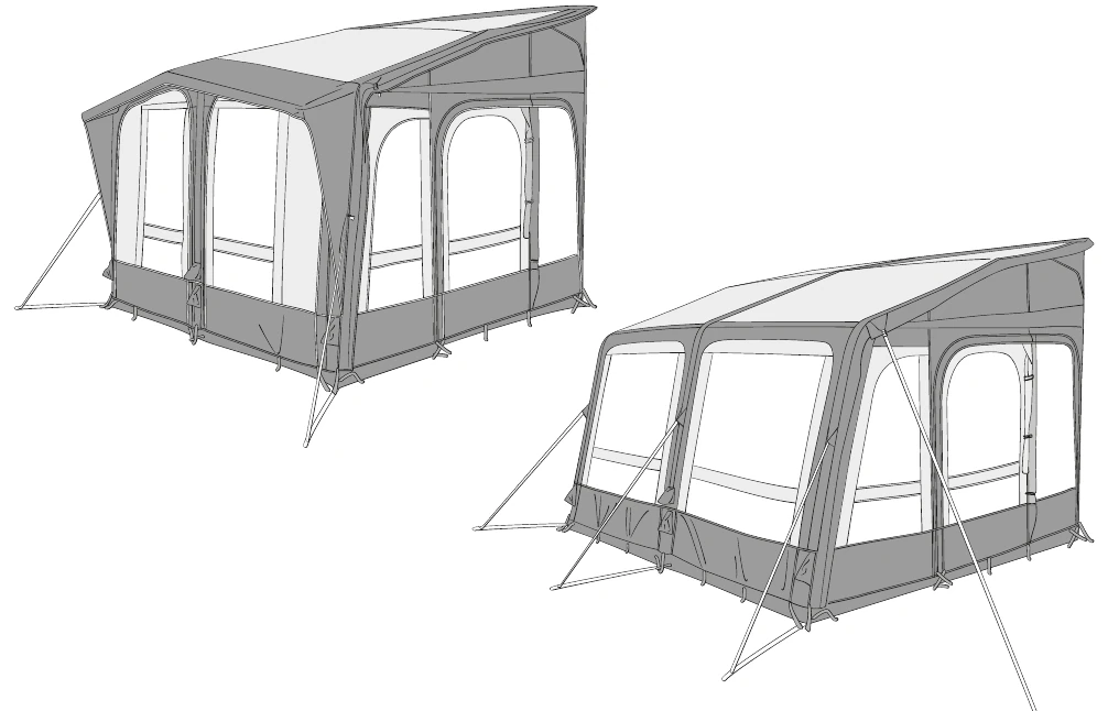Official Dometic line drawing of an inflatable AIR awning tent with windows, doors and guy lines
