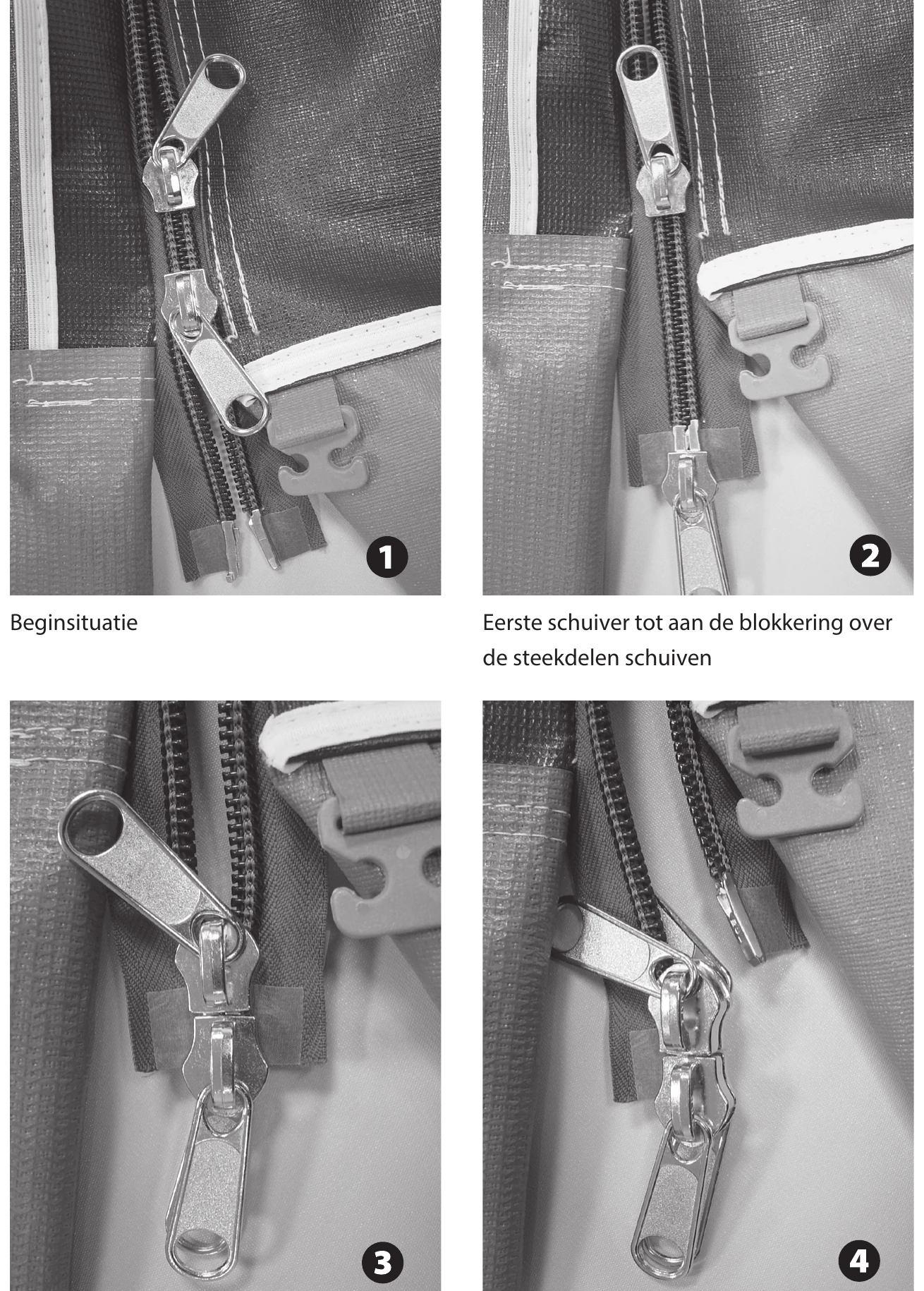 Manual photo sequence showing how the double-slider zip is separated in four steps by moving the