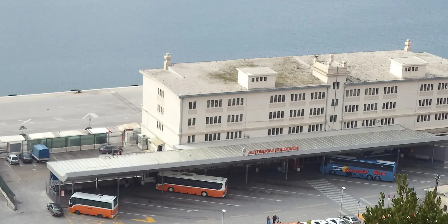 Intercity coaches at the covered platforms of the Autobusni kolodvor bus station in Dubrovnik, beside the harbour, Croatia