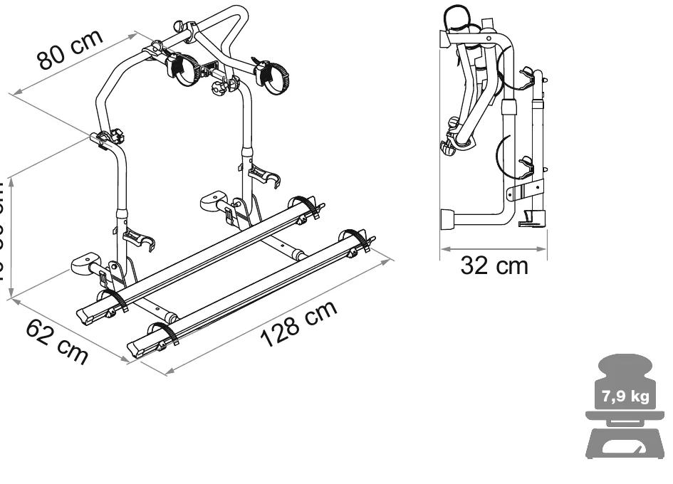 Fiamma Carry-Bike L80 dimensions: 128 cm wide, 80 cm, 62 cm, 32 cm folded and 7,9 kg