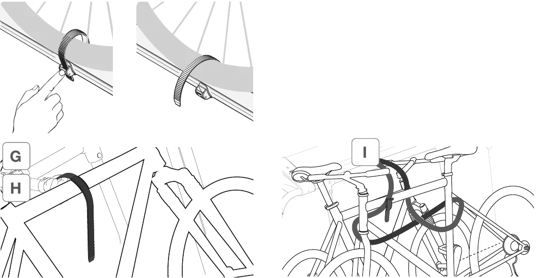 Fiamma Carry-Bike L80 manual image for tightening the wheel straps G, H and I