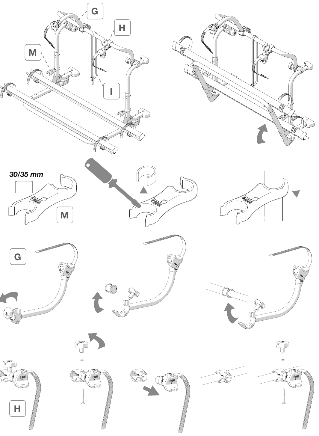 Fiamma Carry-Bike L80 manual step 6: securing bikes with the Bike-Block clamps G, H and M