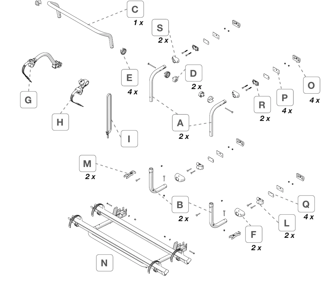 Fiamma Carry-Bike L80 exploded view of all parts labelled A to S