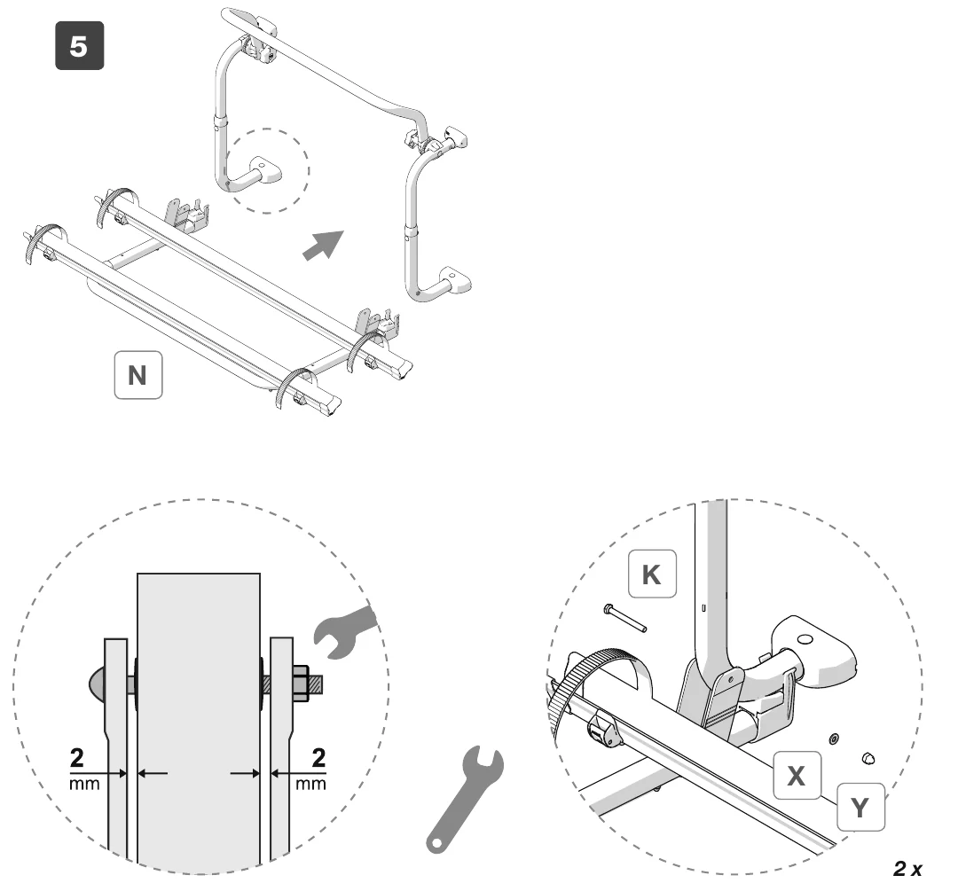 Fiamma Carry-Bike L80 manual step 5: adjusting the rail with a 2 mm gap on each side
