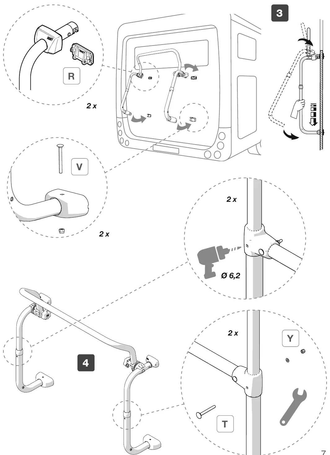 Fiamma Carry-Bike L80 manual step 3 and 4: drilling and bolting the brackets to the rear wall