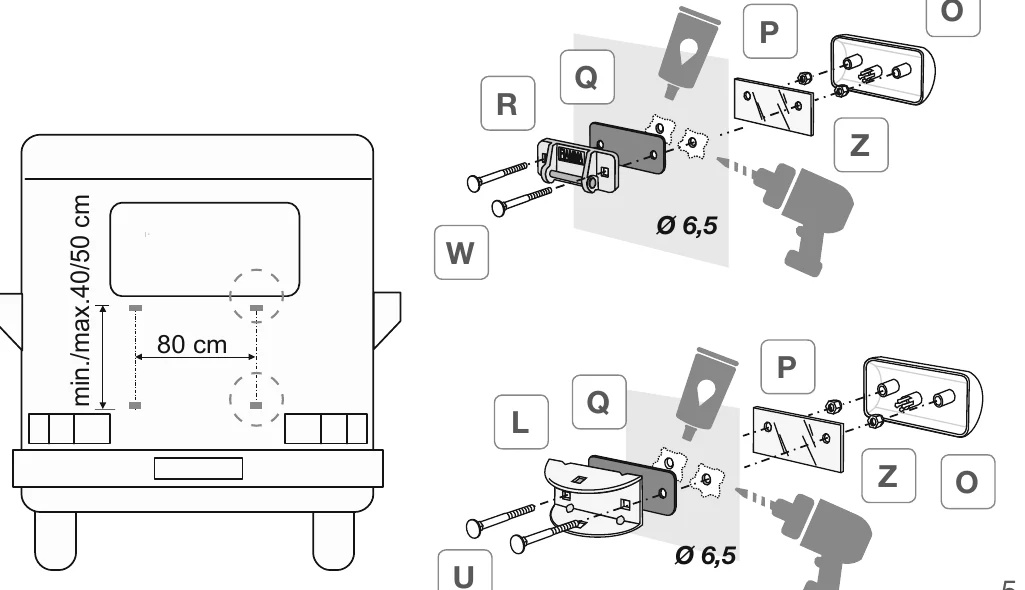 Fiamma Carry-Bike L80 manual image showing bracket spacing of 80 cm and drill holes of 6