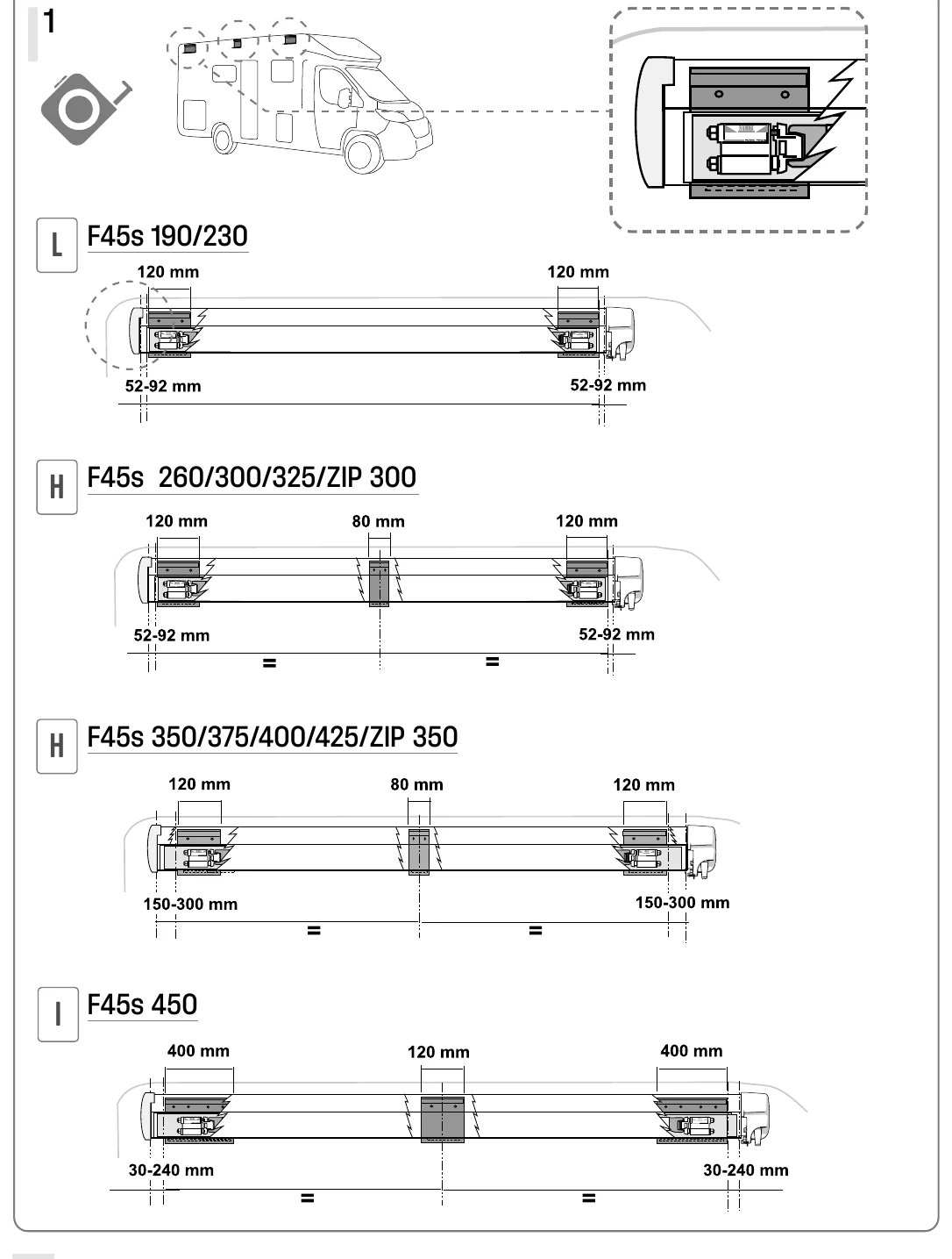 Fiamma F45s manual diagram: bracket spacing positions for the different awning sizes
