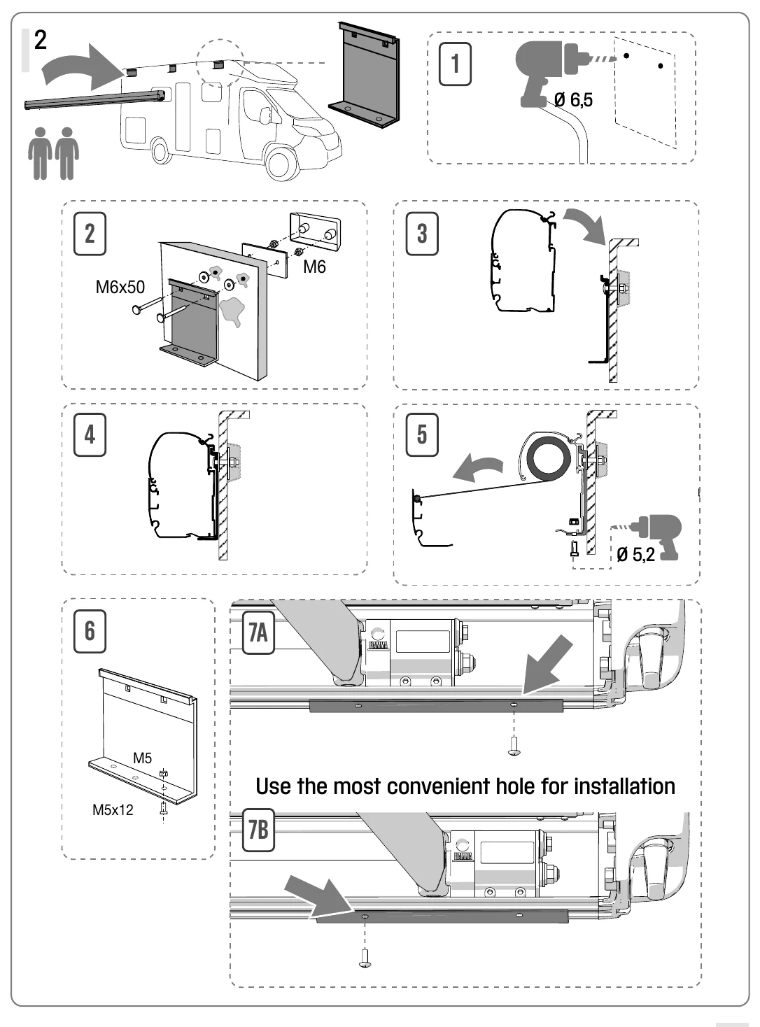 Fiamma F45s manual installation steps 1 to 7: drilling, fixing the brackets and mounting the awning