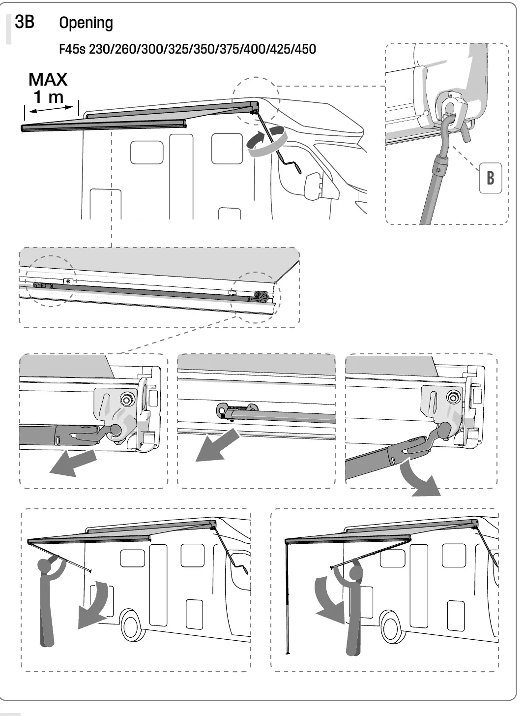 Fiamma F45s manual diagram: opening the awning, releasing the arms and extending it