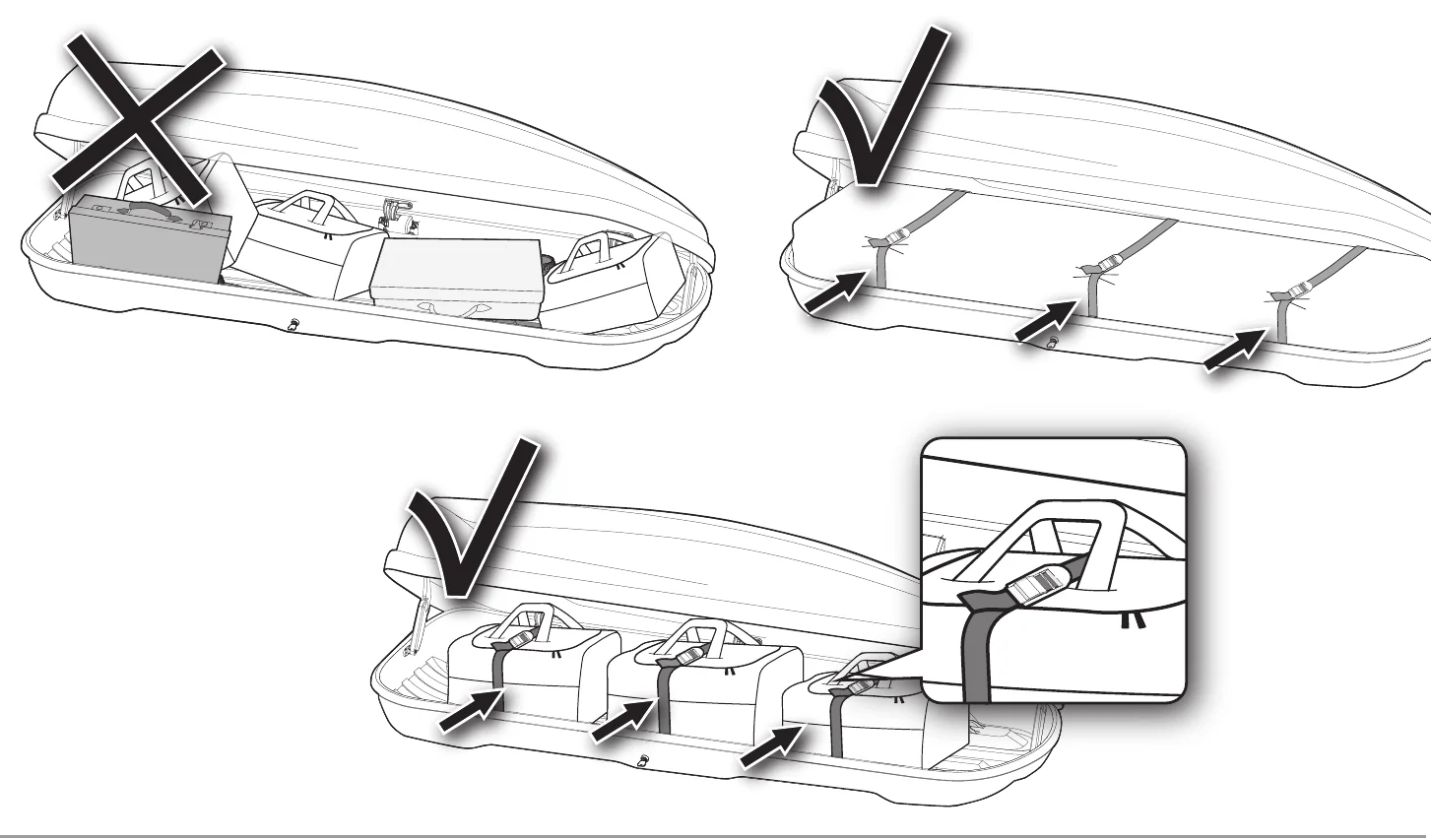 Hapro manual diagram: secure luggage inside the roof box with the straps instead of leaving items