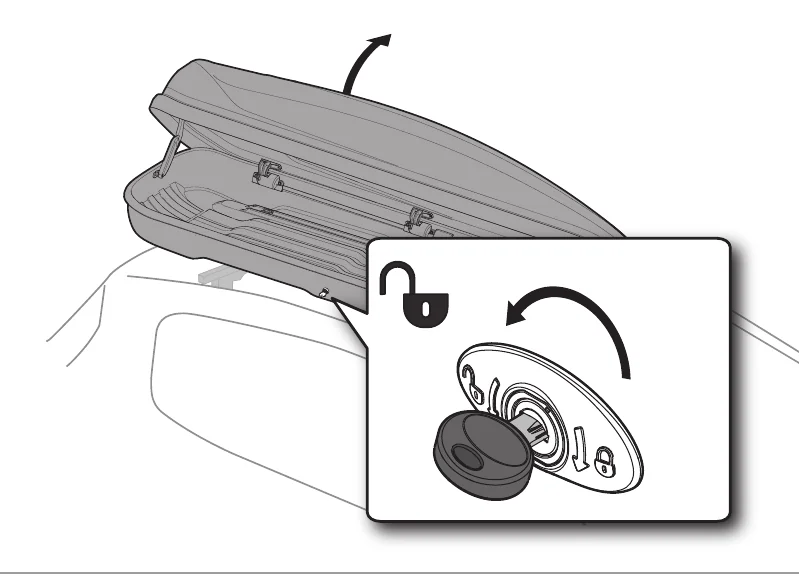 Hapro Traxer manual step: unlock the box with the key by turning the lock, then open the lid