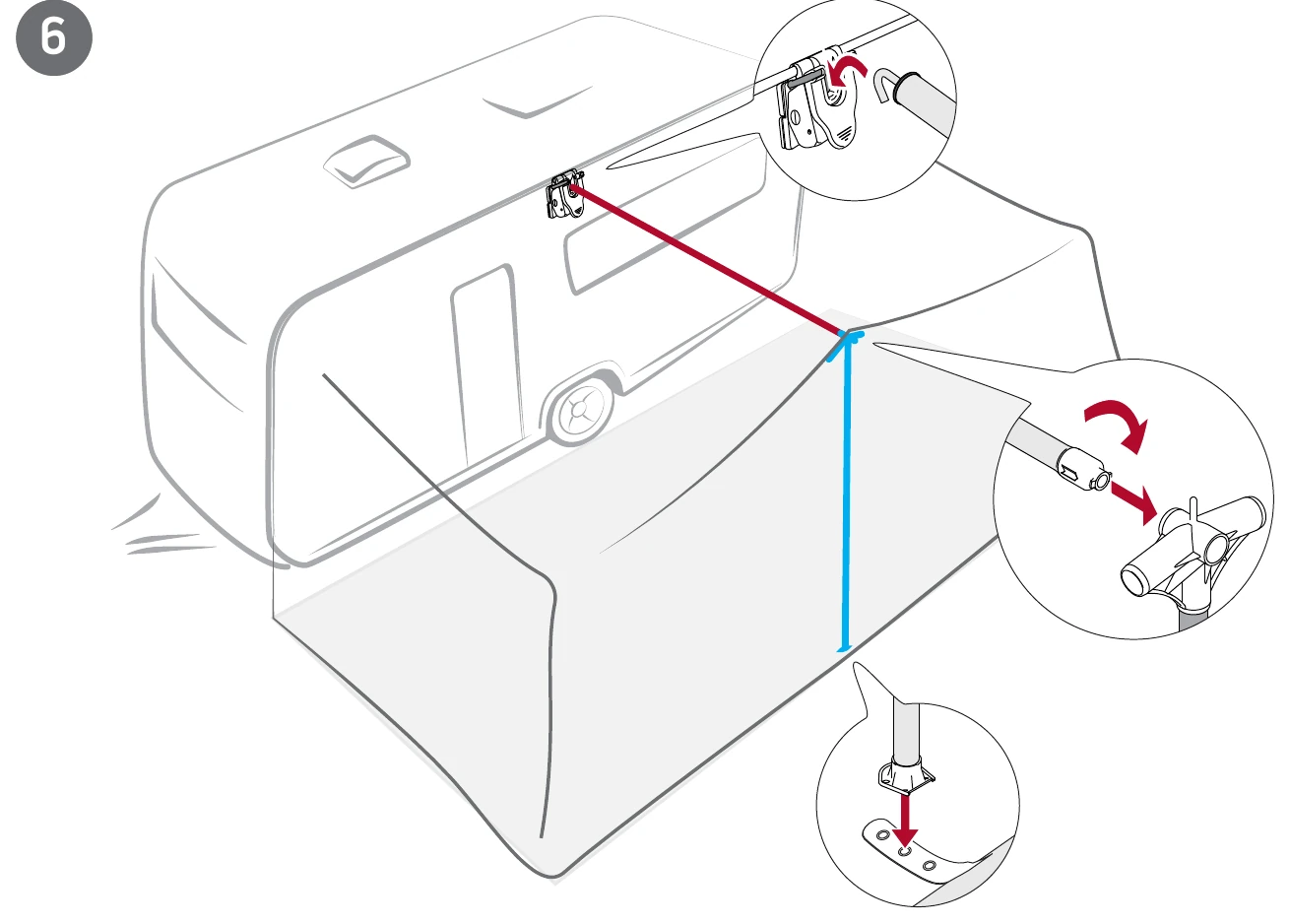 Isabella manual step 6: connecting a ridge pole and upright with the FixOn connectors while raising
