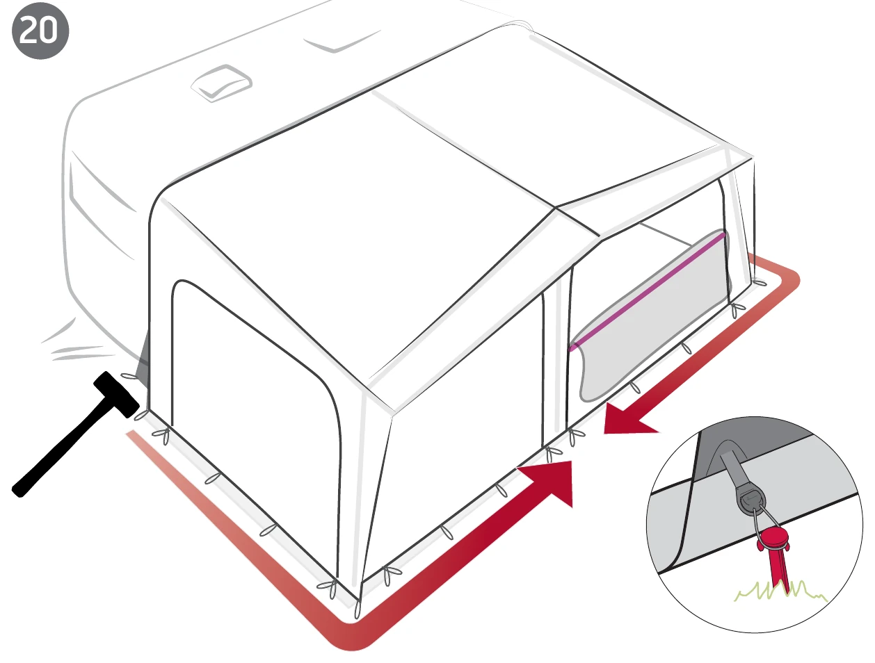 Isabella manual step 20: pegging down the whole perimeter of the awning all around the base