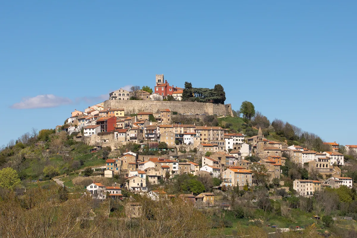 The hilltop town of Motovun above the green inland valleys of Istria, Croatia