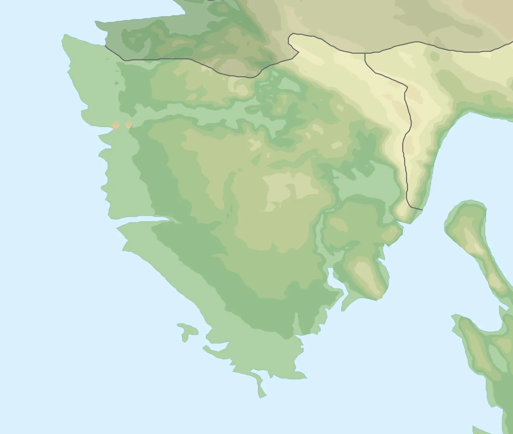 Relief map of the Istrian peninsula in Croatia showing the west-coast towns Umag, Porec, Rovinj and Pula and the inland hill villages Groznjan and Motovun