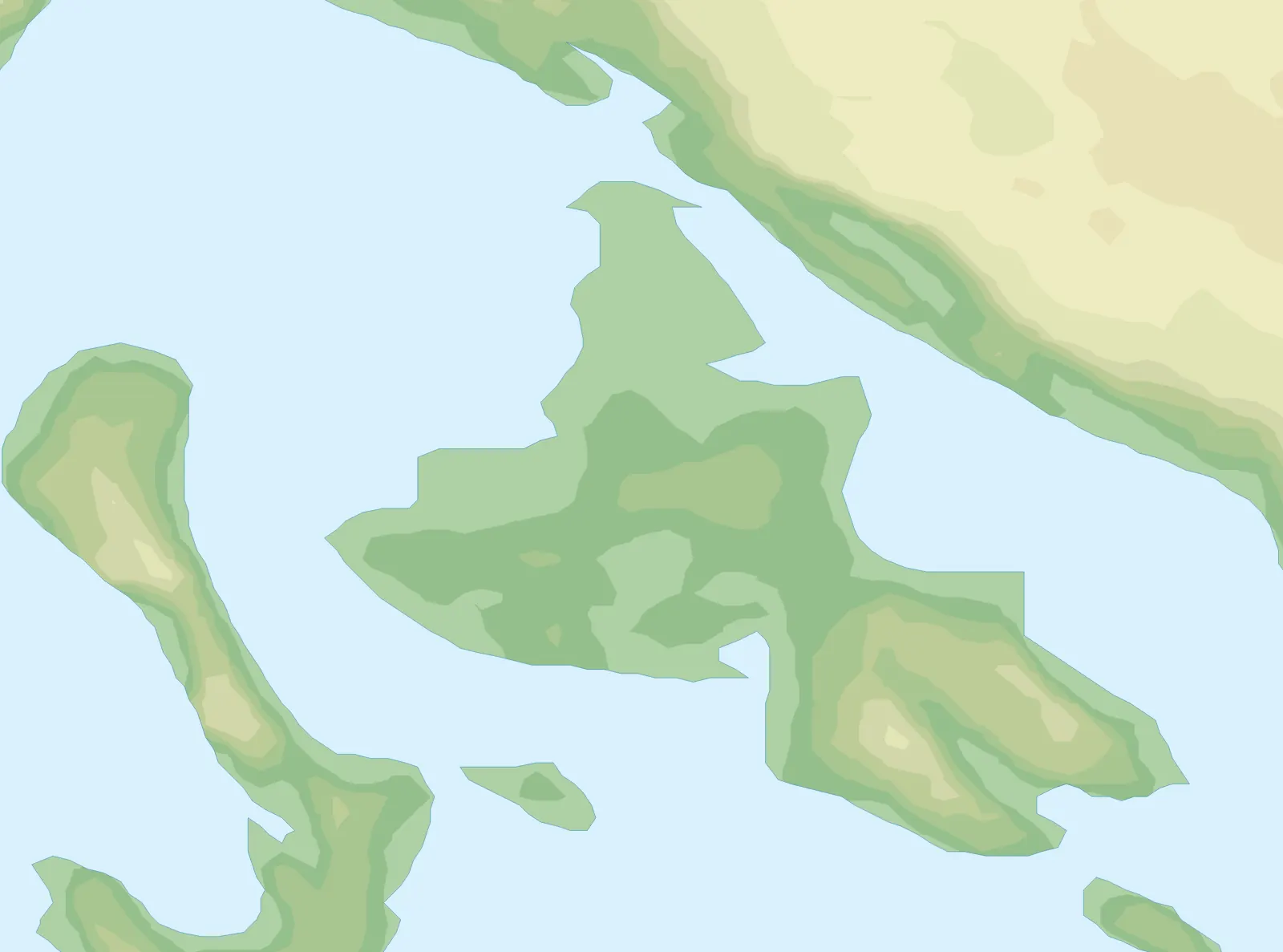 Relief map of the island of Krk in Croatia showing Njivice, Malinska, Krk town, Punat, Vrbnik and Baska, with the bridge to the mainland in the north