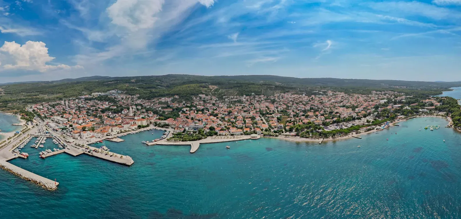 Aerial view of a harbour town on the island of Krk in the Kvarner bay, Croatia