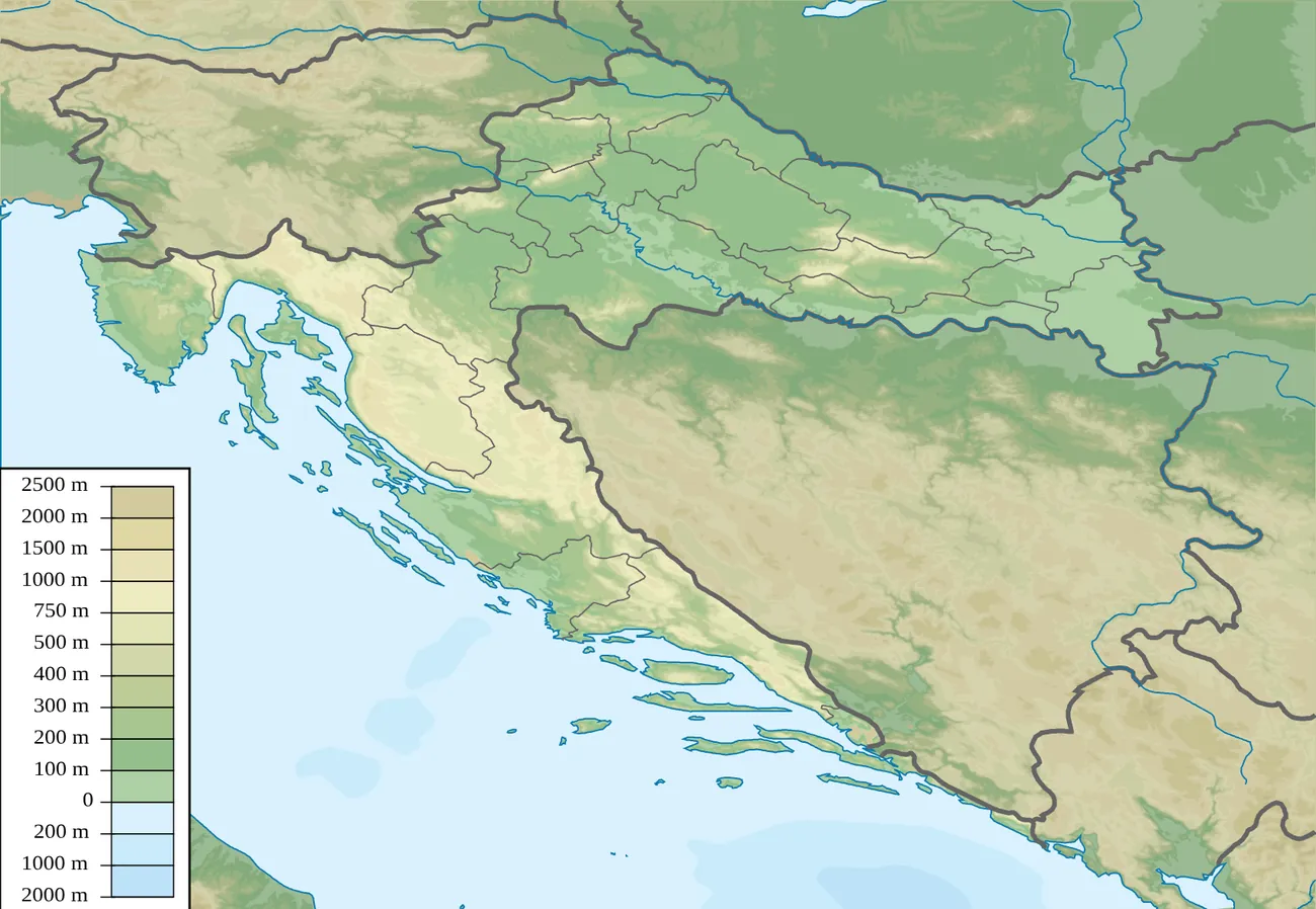 Reliëfkaart van Kroatië met de belangrijkste ferryhavens (Rijeka, Zadar, Šibenik, Split, Makarska, Dubrovnik) en eilanden (Krk, Cres/Lošinj, Rab, Pag, Brač, Hvar, Vis, Korčula, Mljet).