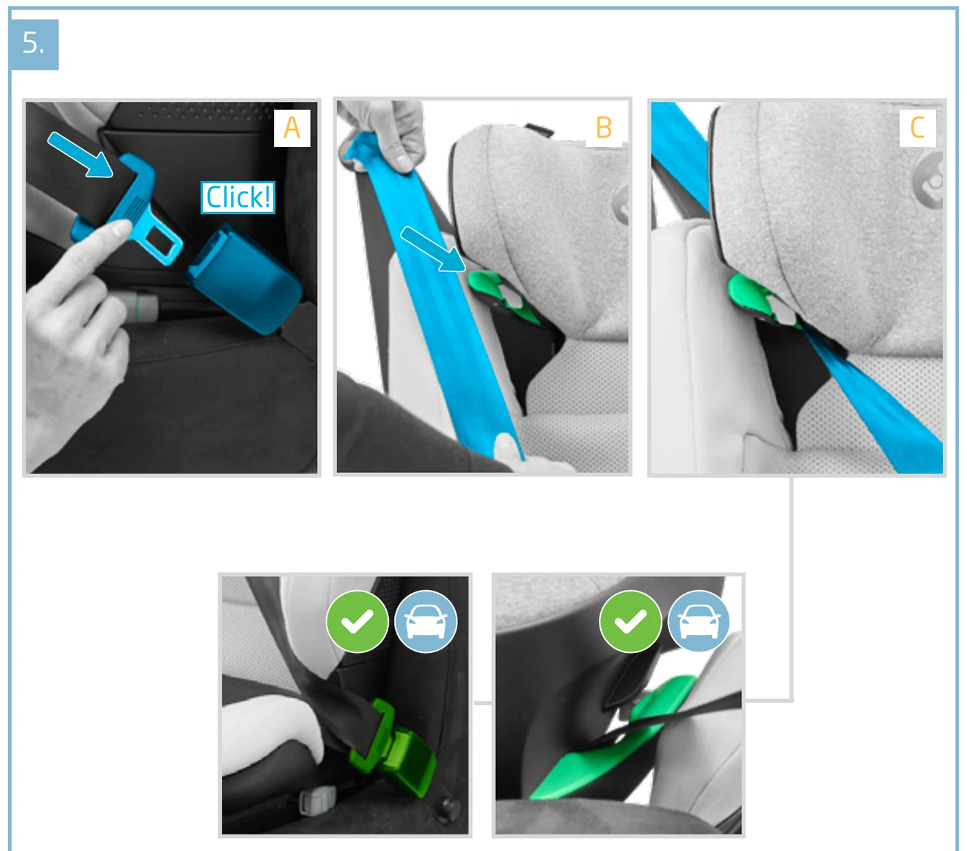 Maxi-Cosi manual step 5: routing the vehicle belt through the shoulder belt guide until it clicks