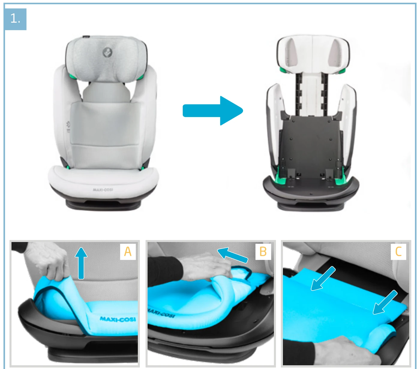 Maxi-Cosi manual step 1: removing the cover of the RodiFix Pro i-Size in steps A