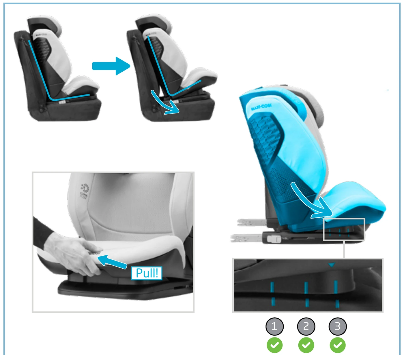 Maxi-Cosi manual: adjusting the recline of the RodiFix Pro i-Size by pulling the recline handle