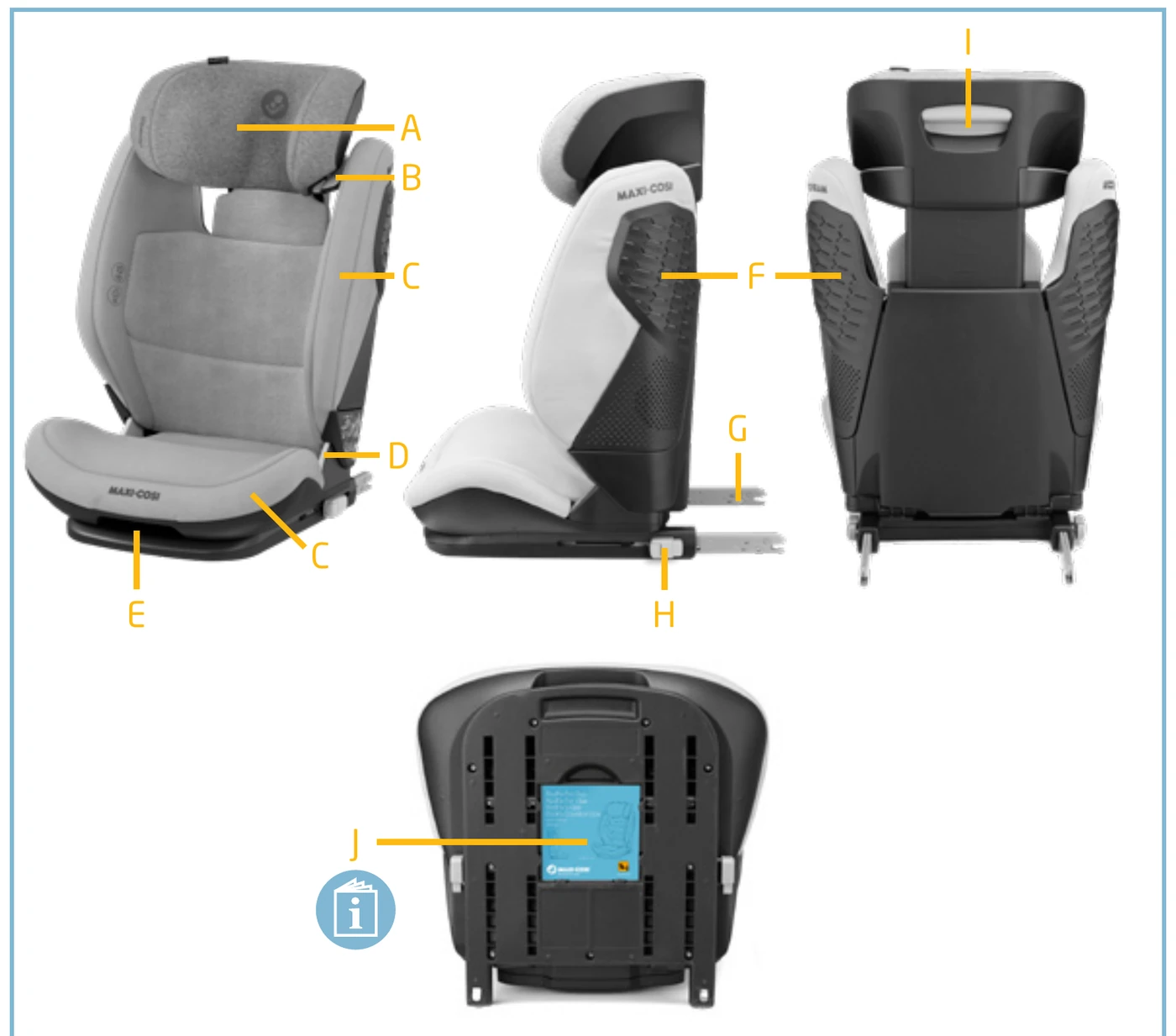 Official Maxi-Cosi diagram of the RodiFix Pro i-Size car seat with labelled parts A to J