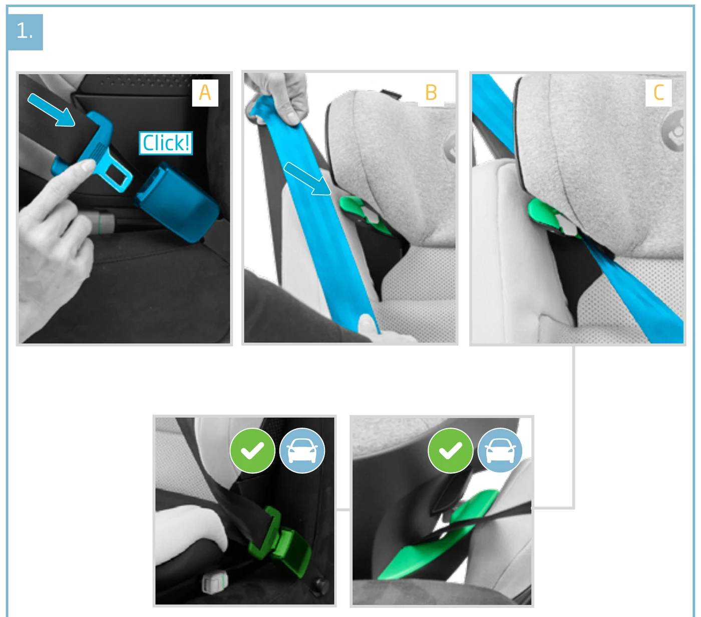 Maxi-Cosi manual step 1: buckling the vehicle belt and routing the shoulder belt through the belt