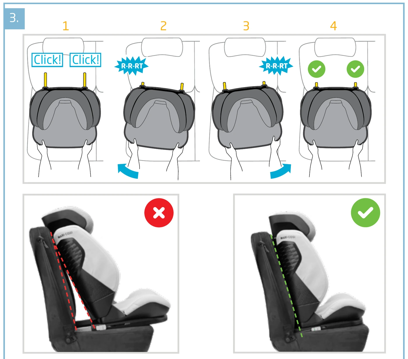 Maxi-Cosi manual step 3: pushing the car seat firmly back against the vehicle seat backrest
