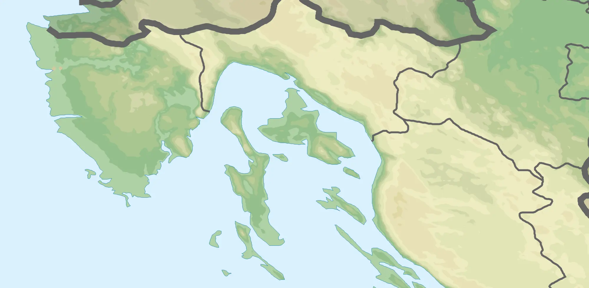 Map of northern Croatia showing a 12-day family route with a base in Istria and a second base on the island of Krk reached by bridge, the boat excursion to Brijuni and the optional long day trip inland to the Plitvice Lakes