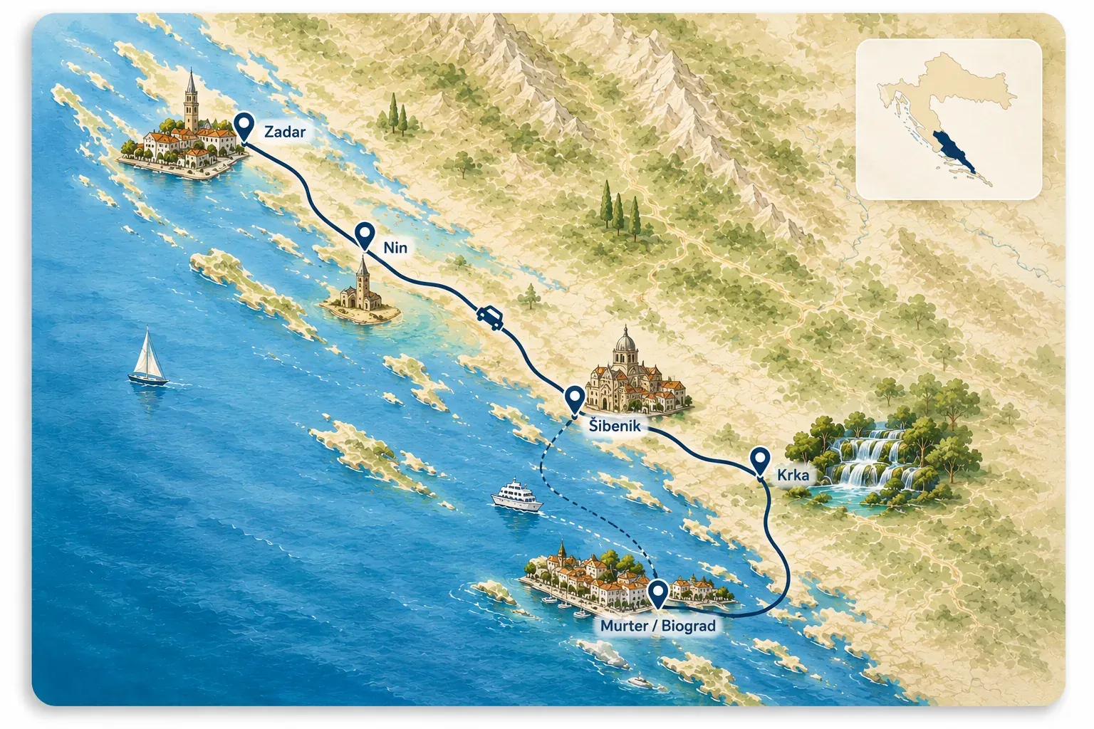 Illustrated 7-day North Dalmatia road trip route map