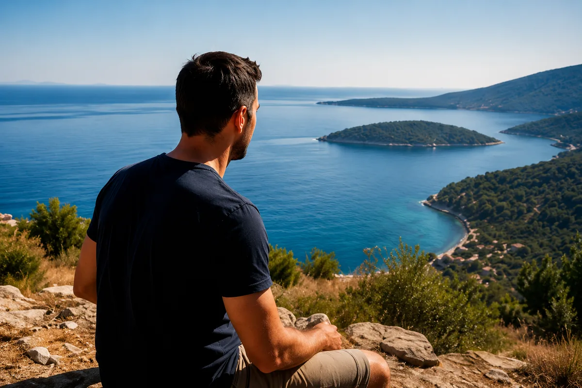 Person looking out over the Croatian coast and islands from a hilltop