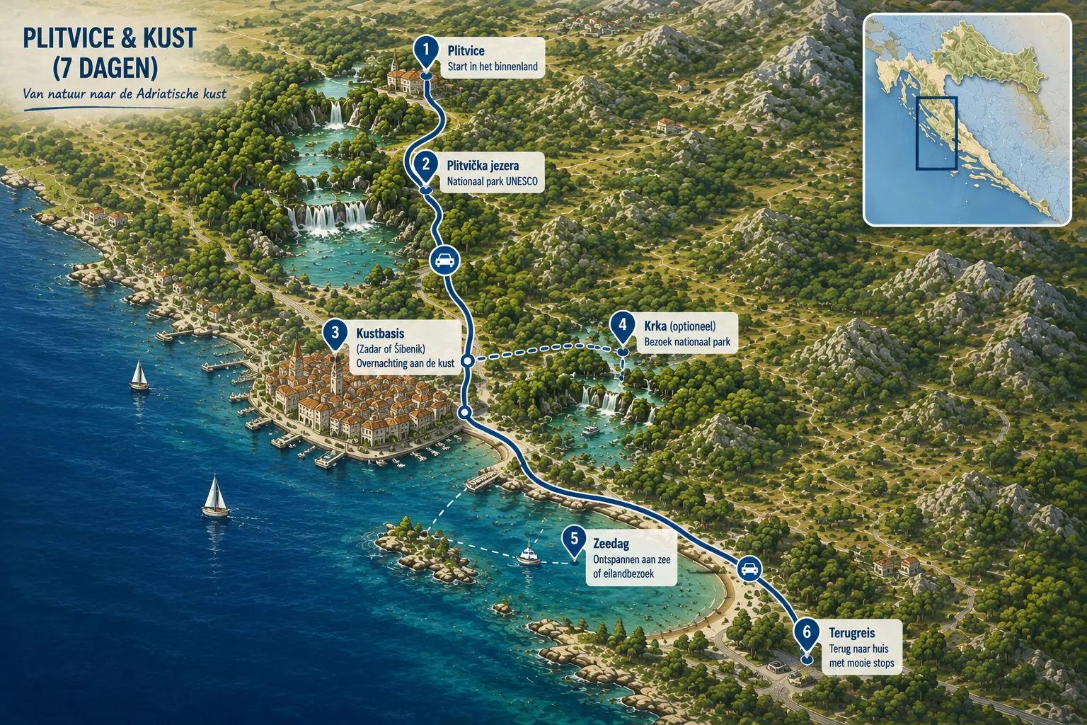 Illustrated 7-day Plitvice and coast route map with Plitvice Lakes, Zadar or Šibenik, Krka and the Adriatic coast