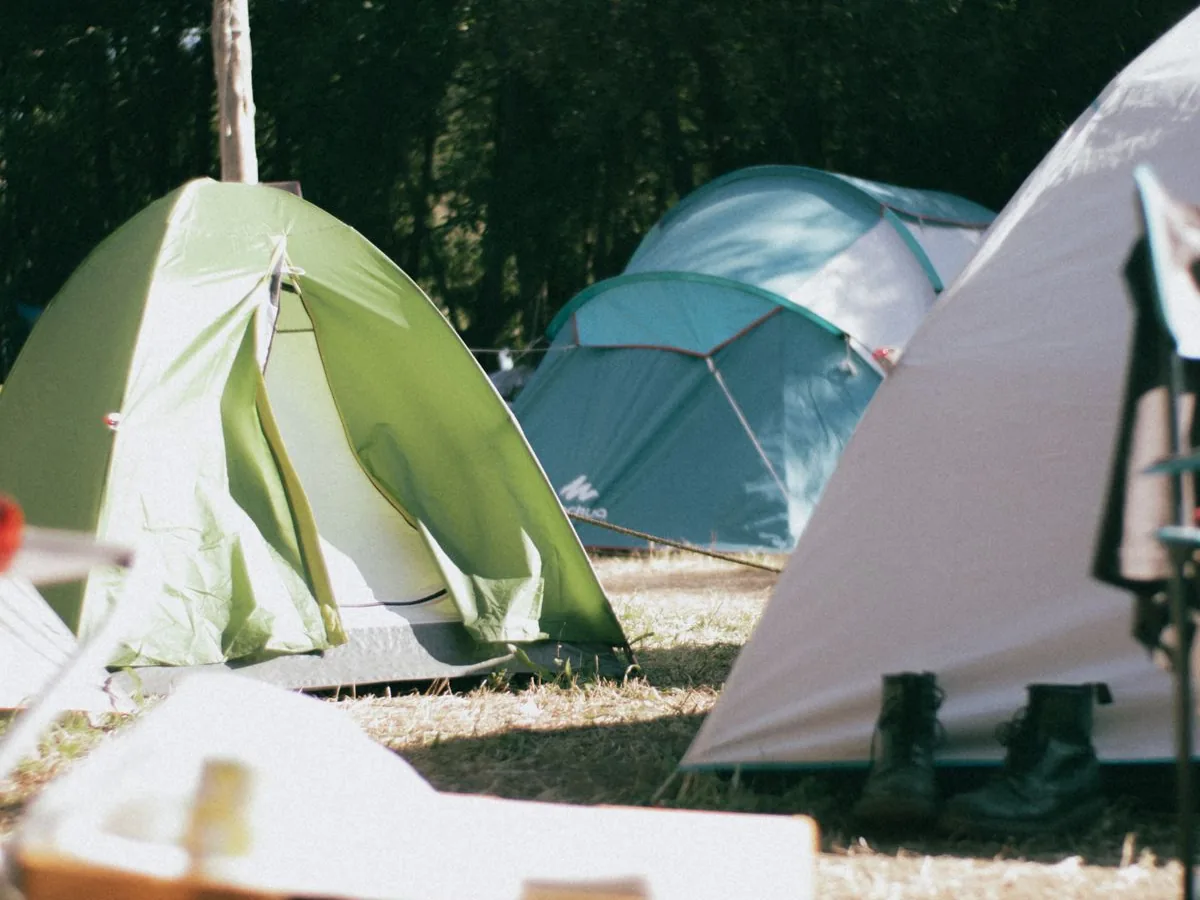 Tents pitched at a campsite among trees