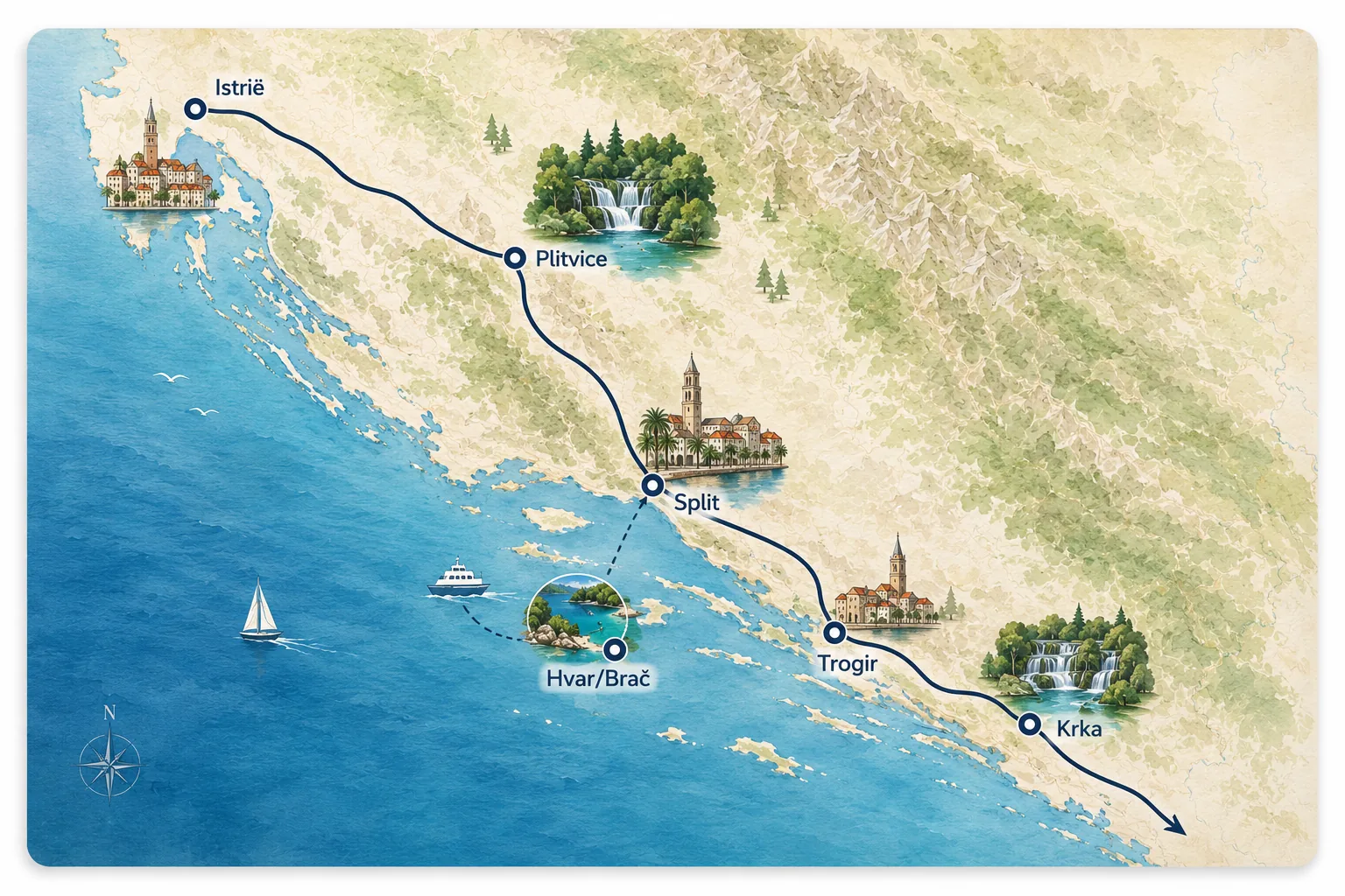 Illustrated 10-day Croatia road trip route map