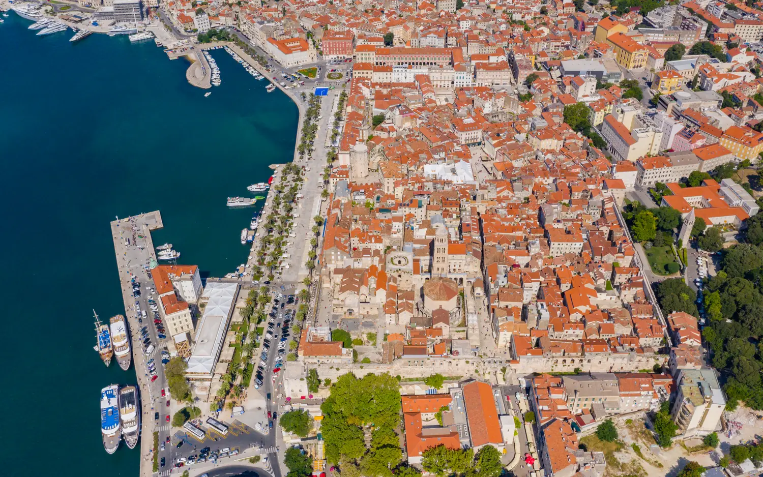 Aerial view of the old town of Split with the Diocletian palace rectangle, the Riva and the harbour, Croatia