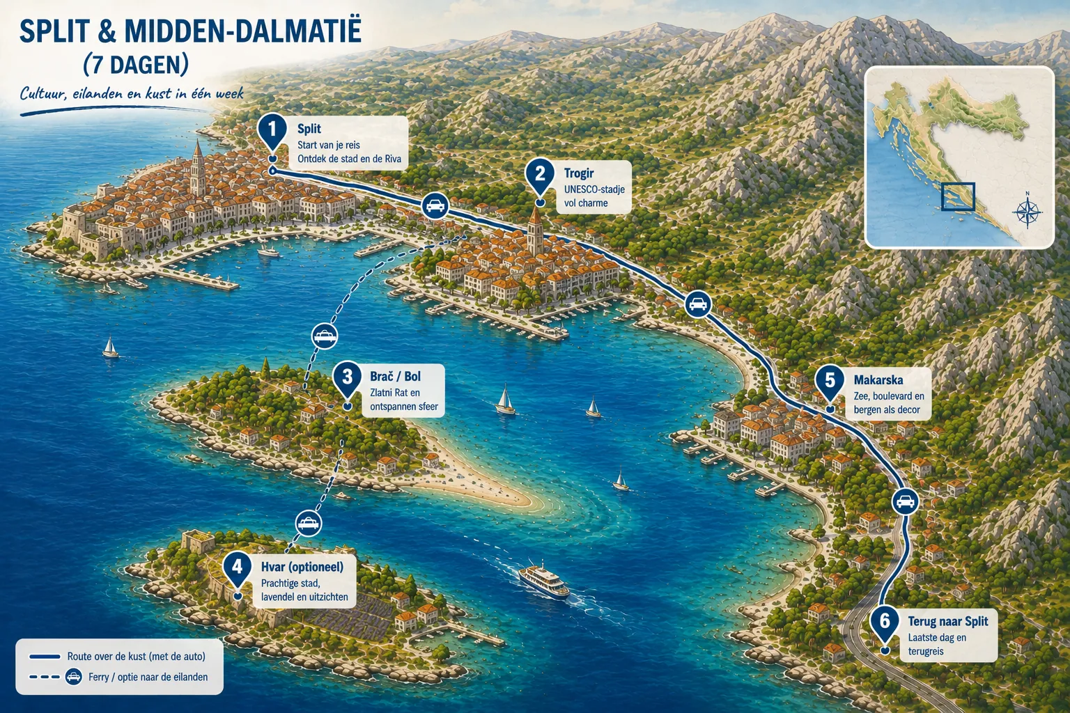 Illustrated 7-day Split and Central Dalmatia route map with Split, Trogir, Brač, Hvar and Makarska