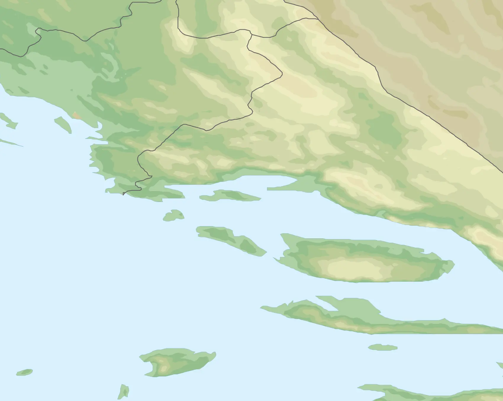 Relief map of central Dalmatia showing Split with Trogir, Klis, Krka, Omis on the mainland and the islands of Brac and Hvar offshore, Croatia